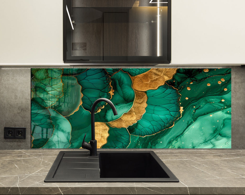 Emerald Gold Elegance - Glass Kitchen Backsplash-BacksplashArtworks