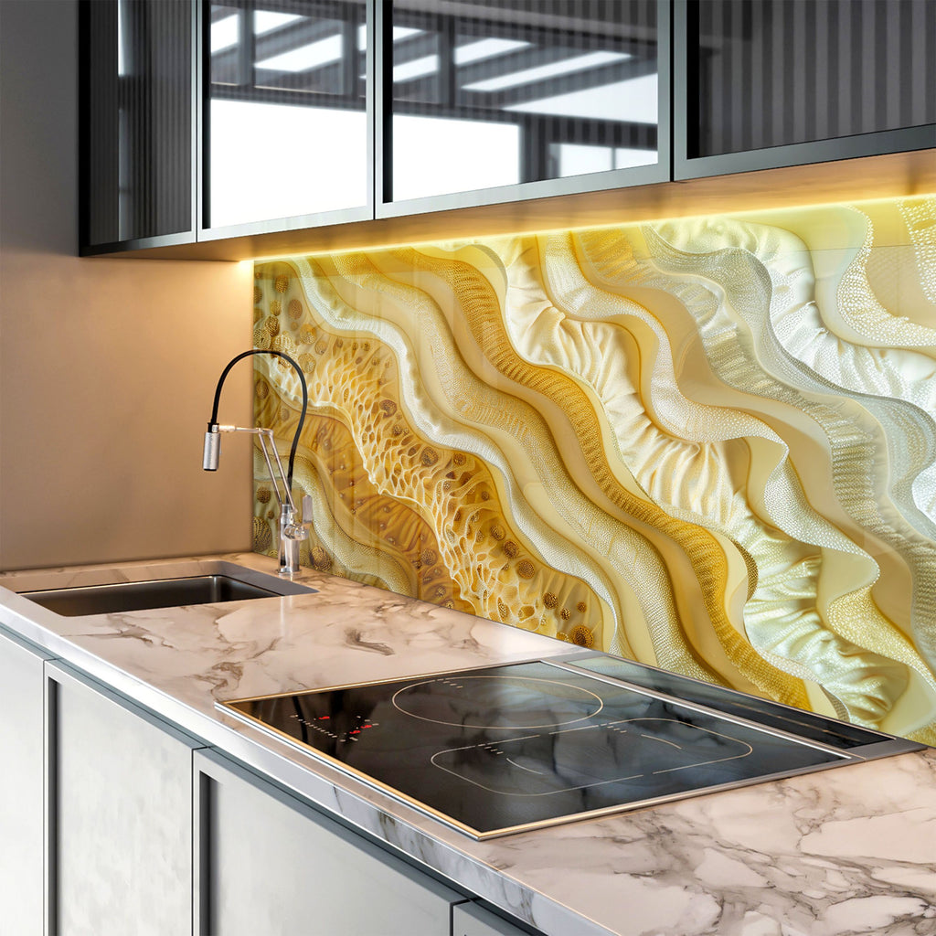 Golden Wave – Tempered Glass Kitchen Backsplash-BacksplashArtworks