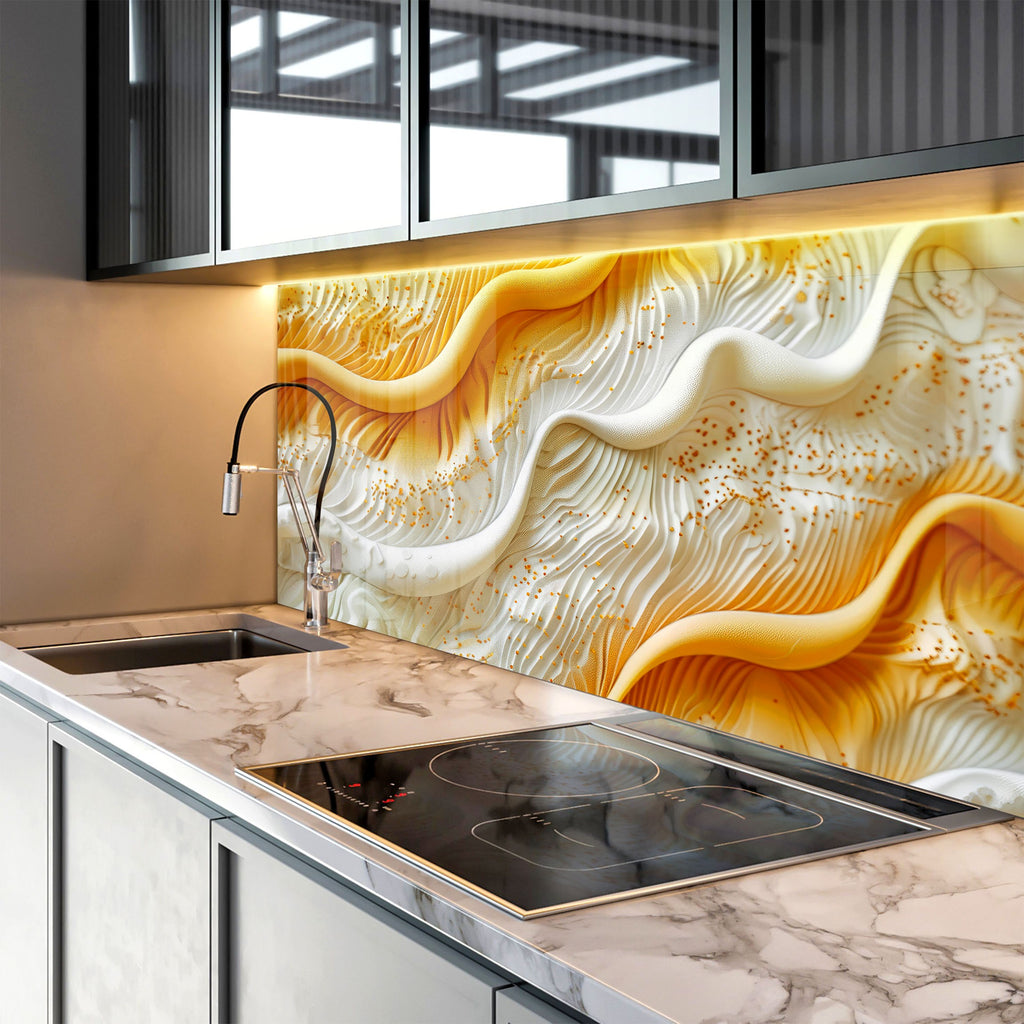 Golden & White Waves – Glass Kitchen Backsplash-BacksplashArtworks