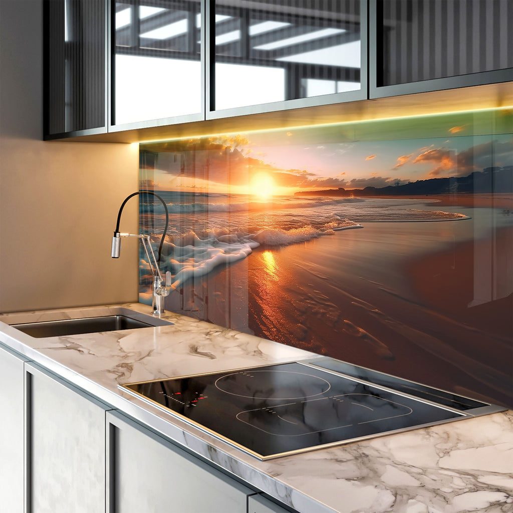 Golden Beach Sunset Wall Art – Tempered Glass Kitchen Backsplash-BacksplashArtworks