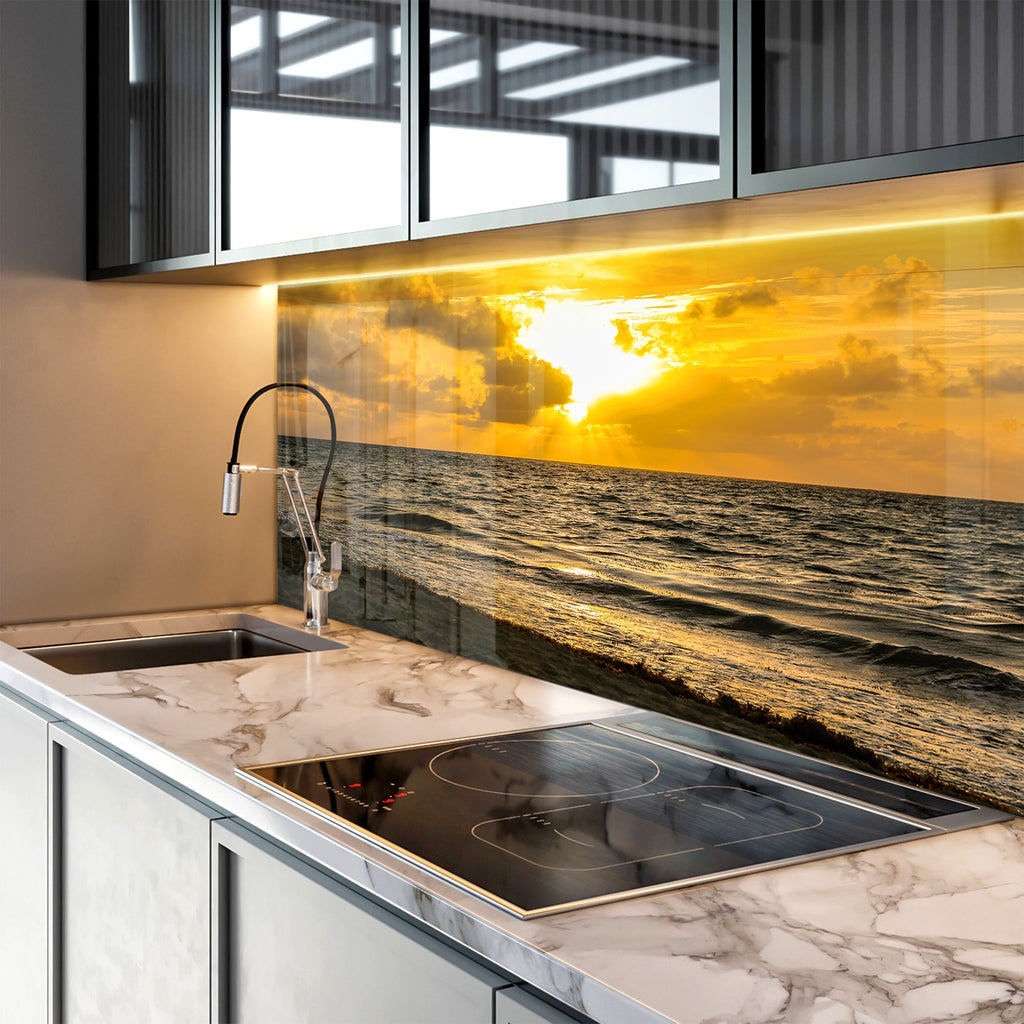 Golden Ocean Sunset Wall Art – Tempered Glass Kitchen Backsplash-BacksplashArtworks