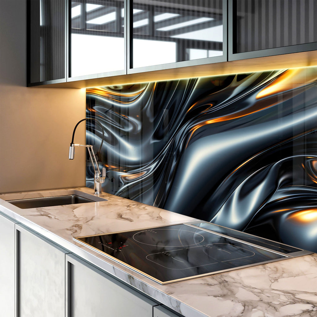 Sleek Metallic Flow - Glass Kitchen Backsplash-BacksplashArtworks