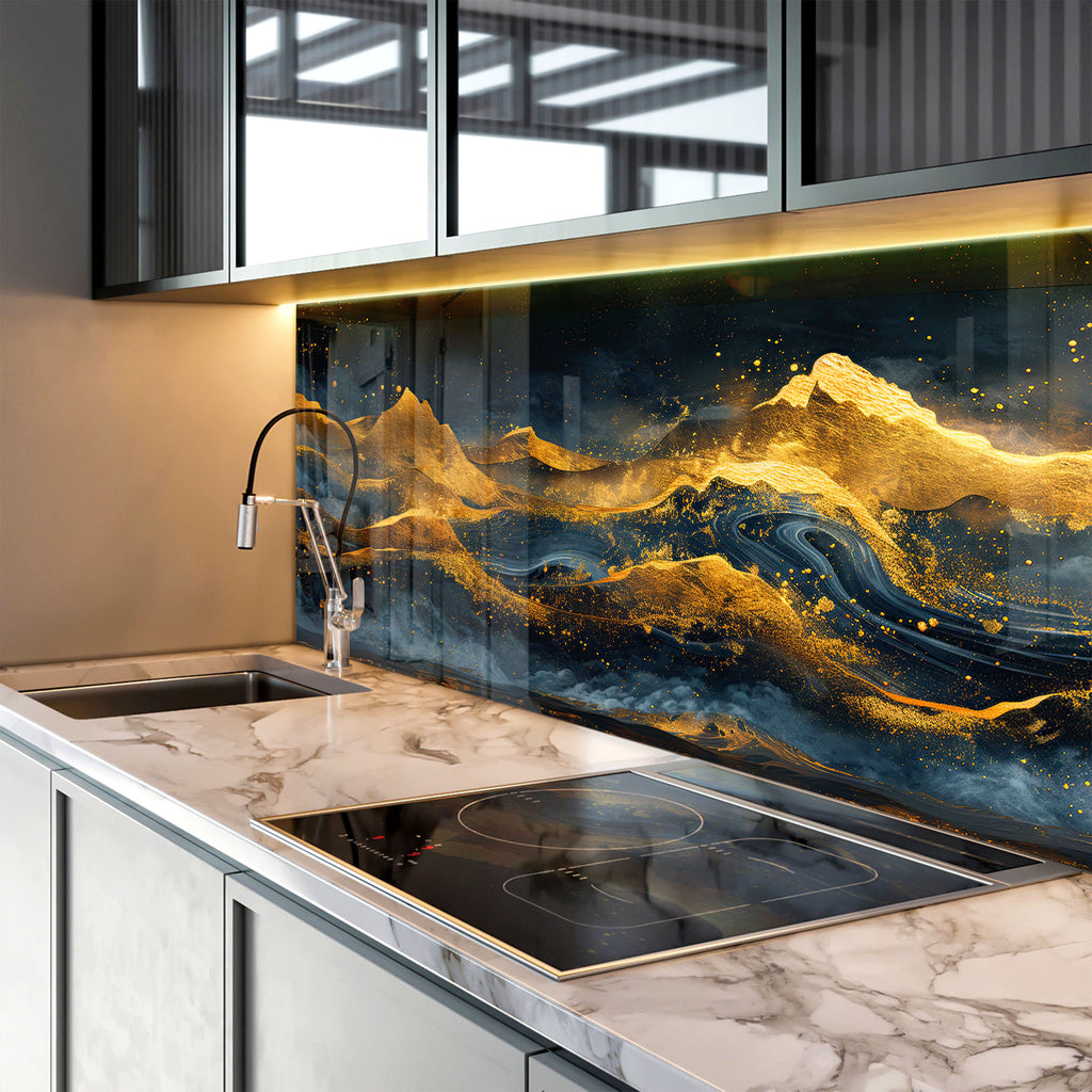 Golden Peaks - Glass Kitchen Backsplash-BacksplashArtworks