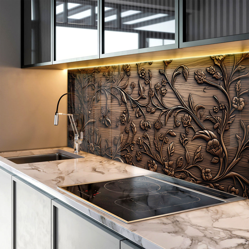 Ornate Floral Elegance - Copper-Toned Glass Kitchen Backsplash-BacksplashArtworks