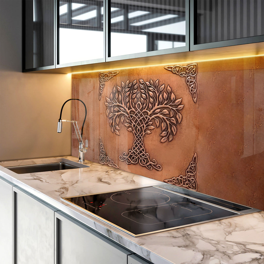 Celtic Tree of Life - Copper-Toned Glass Kitchen Backsplash-BacksplashArtworks