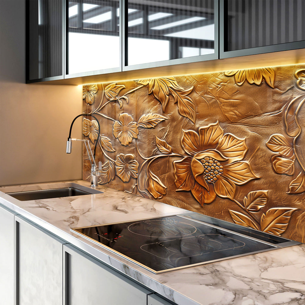 Golden Blossom Elegance - Embossed Glass Kitchen Backsplash-BacksplashArtworks