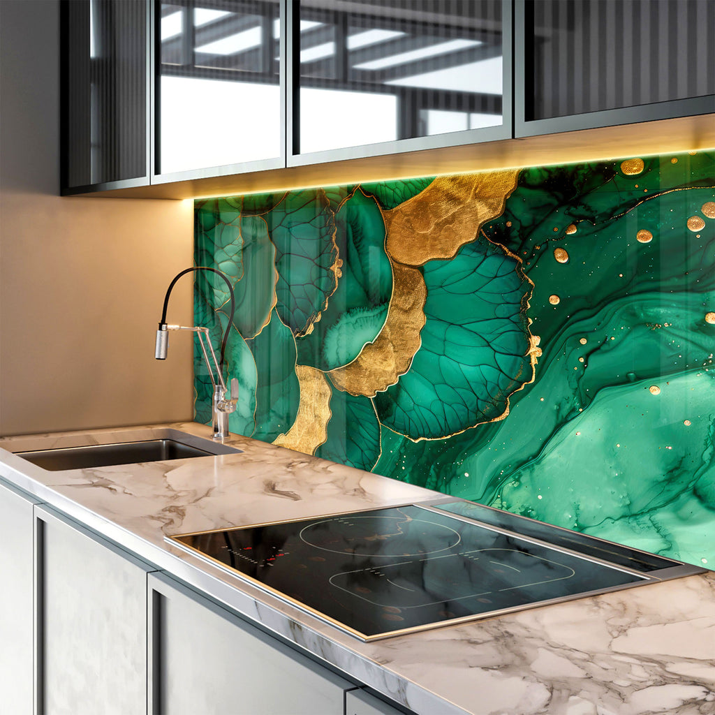 Emerald Gold Elegance - Glass Kitchen Backsplash-BacksplashArtworks