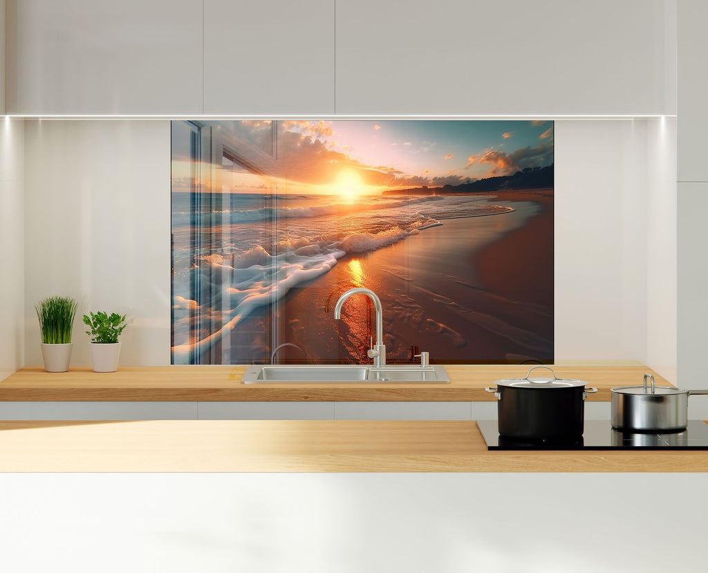 Golden Beach Sunset Wall Art – Tempered Glass Kitchen Backsplash-BacksplashArtworks