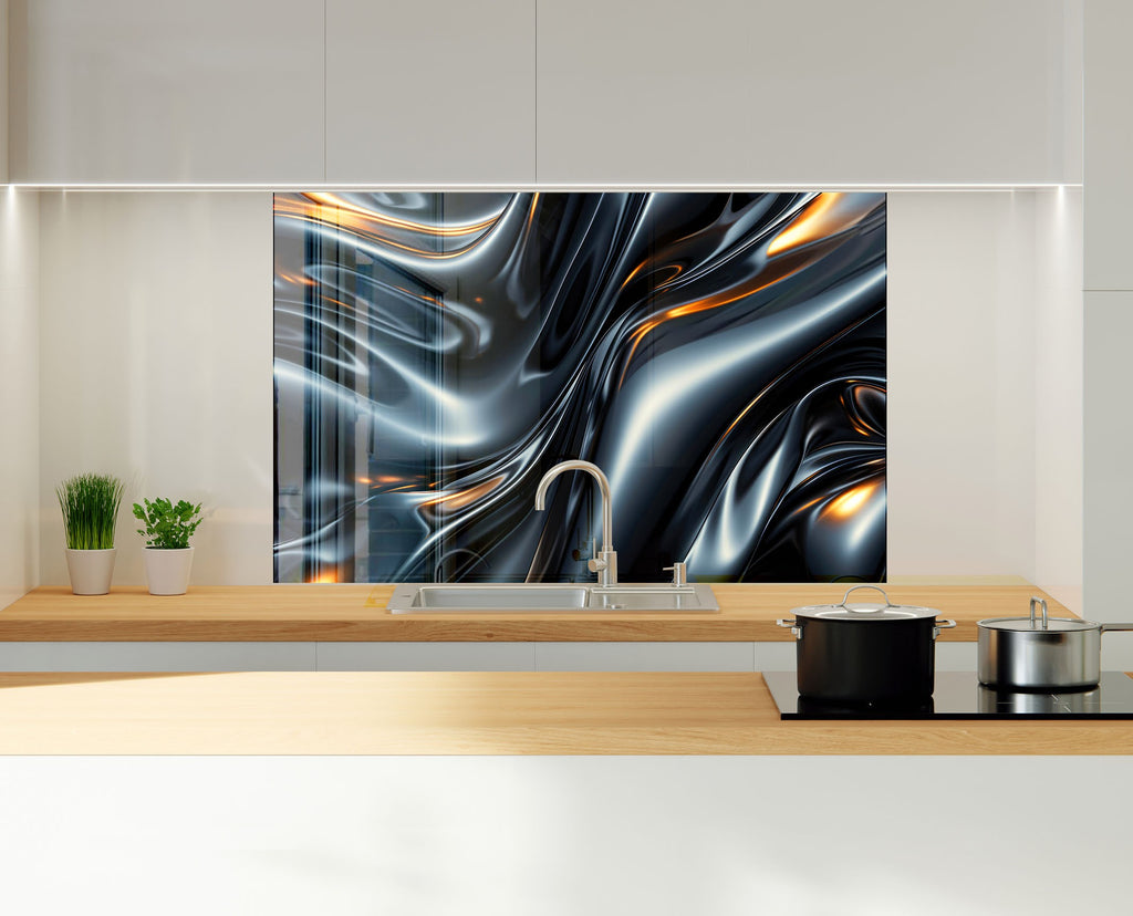 Sleek Metallic Flow - Glass Kitchen Backsplash-BacksplashArtworks