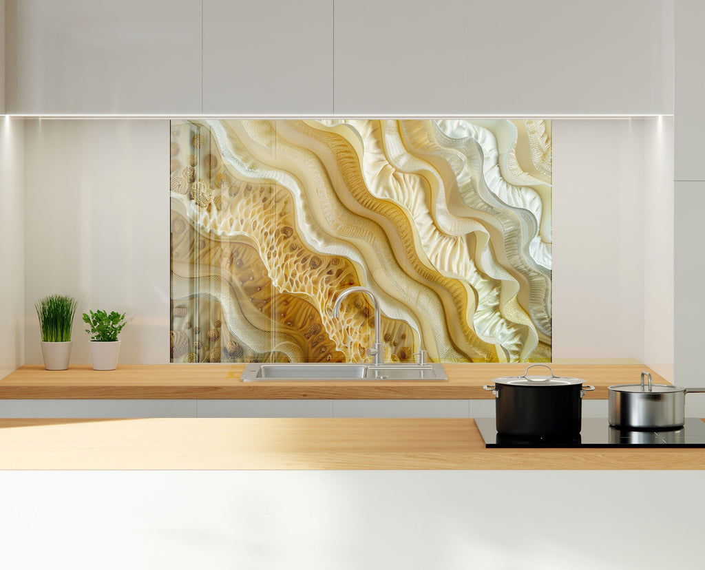 Golden Wave – Tempered Glass Kitchen Backsplash-BacksplashArtworks