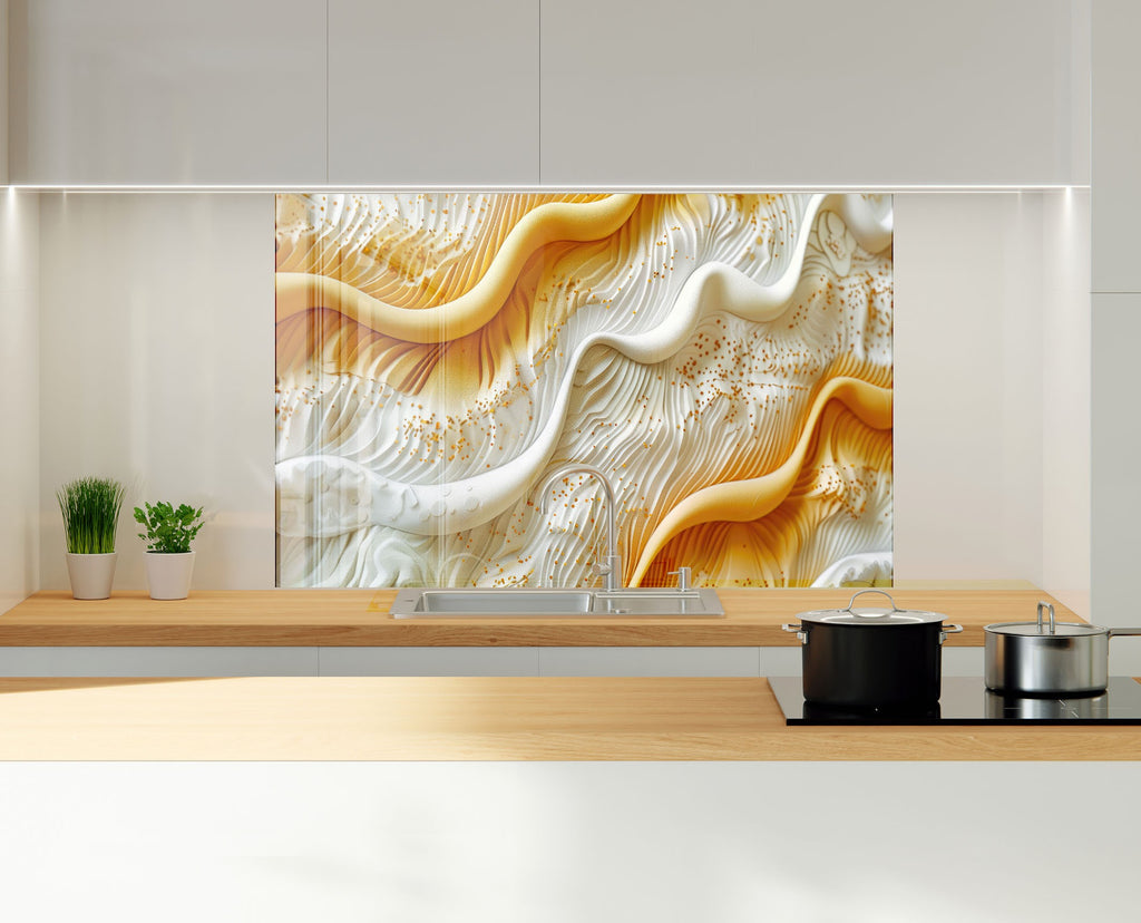Golden & White Waves – Glass Kitchen Backsplash-BacksplashArtworks