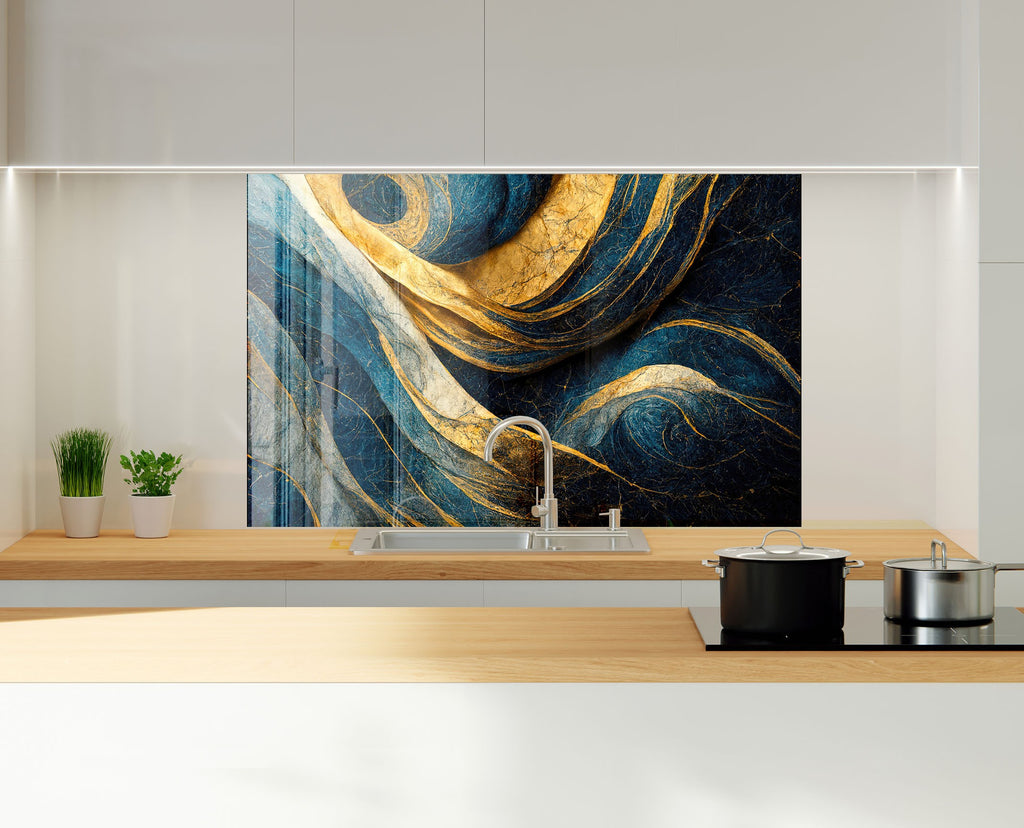 Navy & Gold Swirl - Glass Kitchen Backsplash-BacksplashArtworks