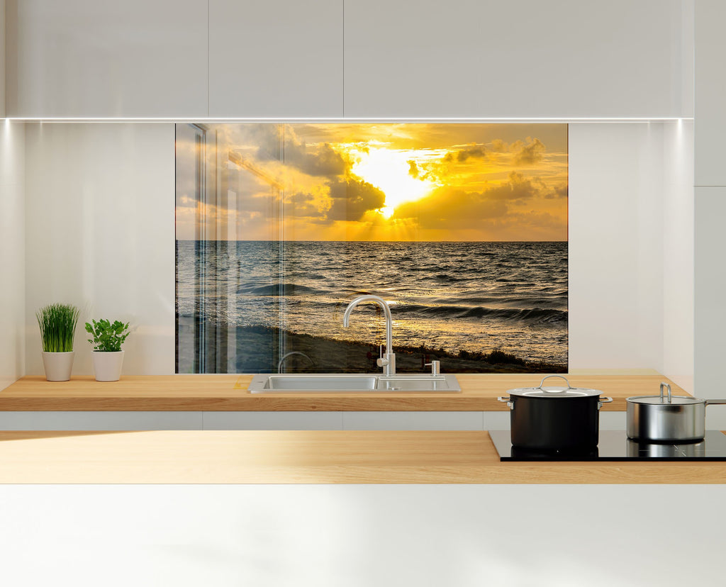 Golden Ocean Sunset Wall Art – Tempered Glass Kitchen Backsplash-BacksplashArtworks