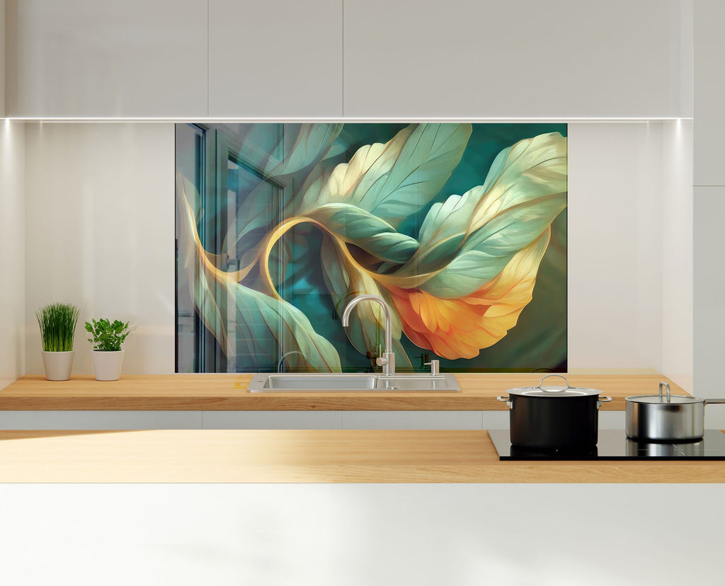 Whimsical Leaves – Glass Kitchen Backsplash-BacksplashArtworks