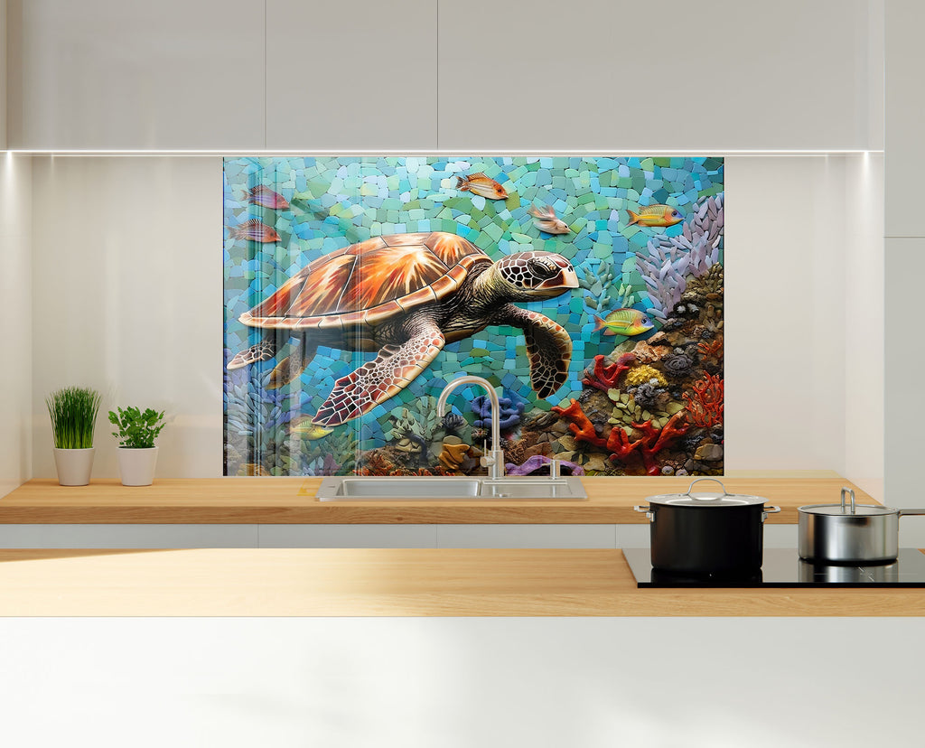Ocean Mosaic Sea Turtle – Glass Kitchen Backsplash-BacksplashArtworks