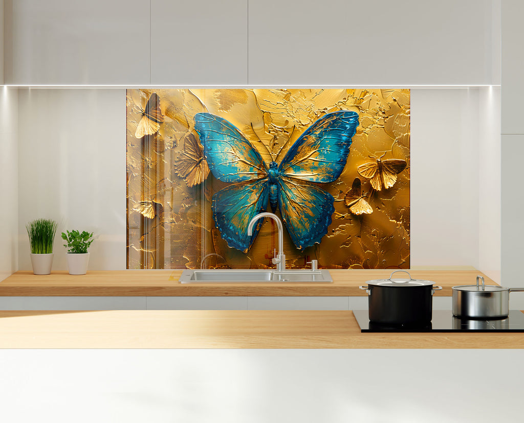 Golden Butterfly – Glass Kitchen Backsplash-BacksplashArtworks