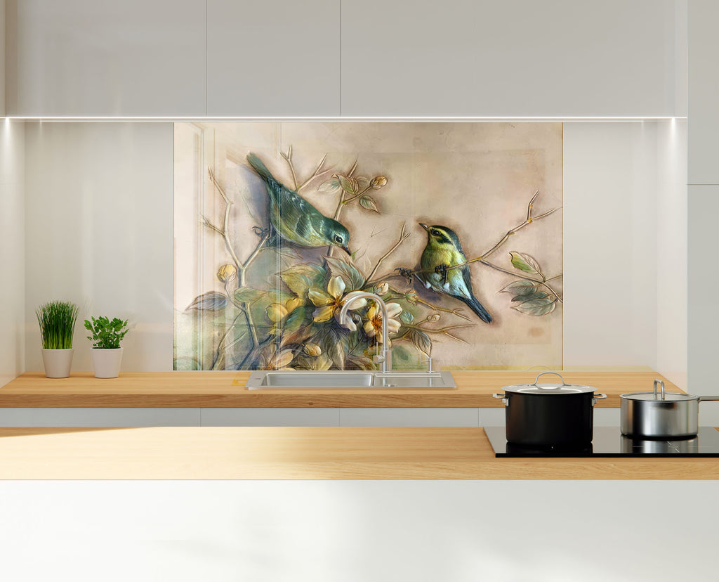 Vintage Birds & Blossoms – Glass Kitchen Backsplash-BacksplashArtworks