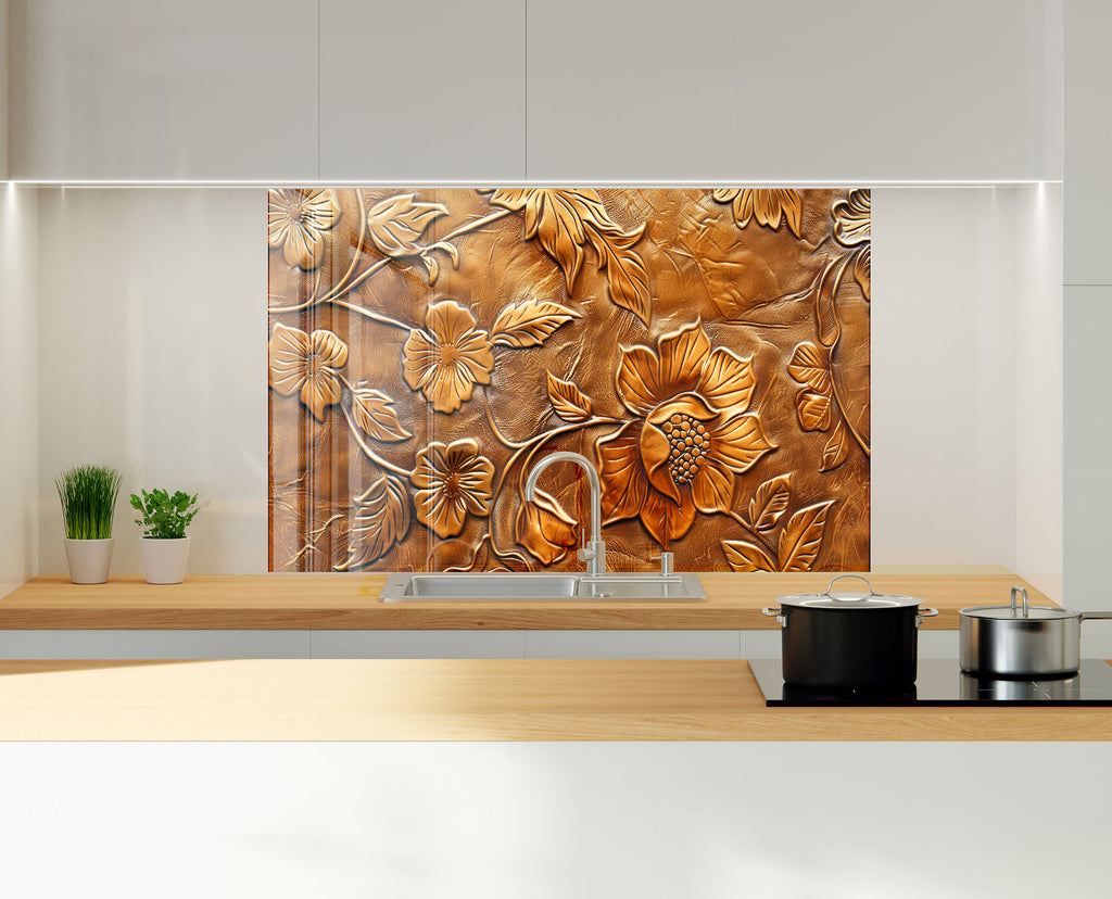 Golden Blossom Elegance - Embossed Glass Kitchen Backsplash-BacksplashArtworks