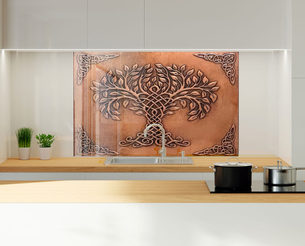 Celtic Tree of Life - Copper-Toned Glass Kitchen Backsplash-BacksplashArtworks
