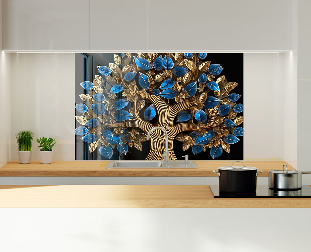 Golden Sapphire Tree - Glass Kitchen Backsplash-BacksplashArtworks