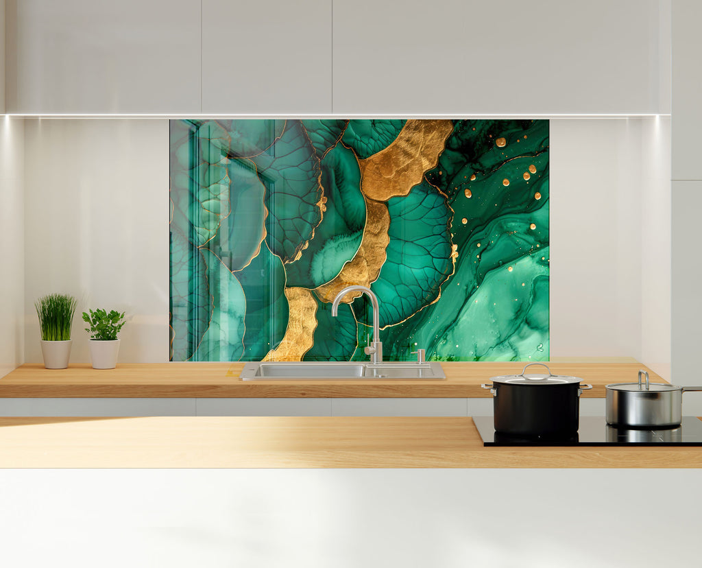 Emerald Gold Elegance - Glass Kitchen Backsplash-BacksplashArtworks