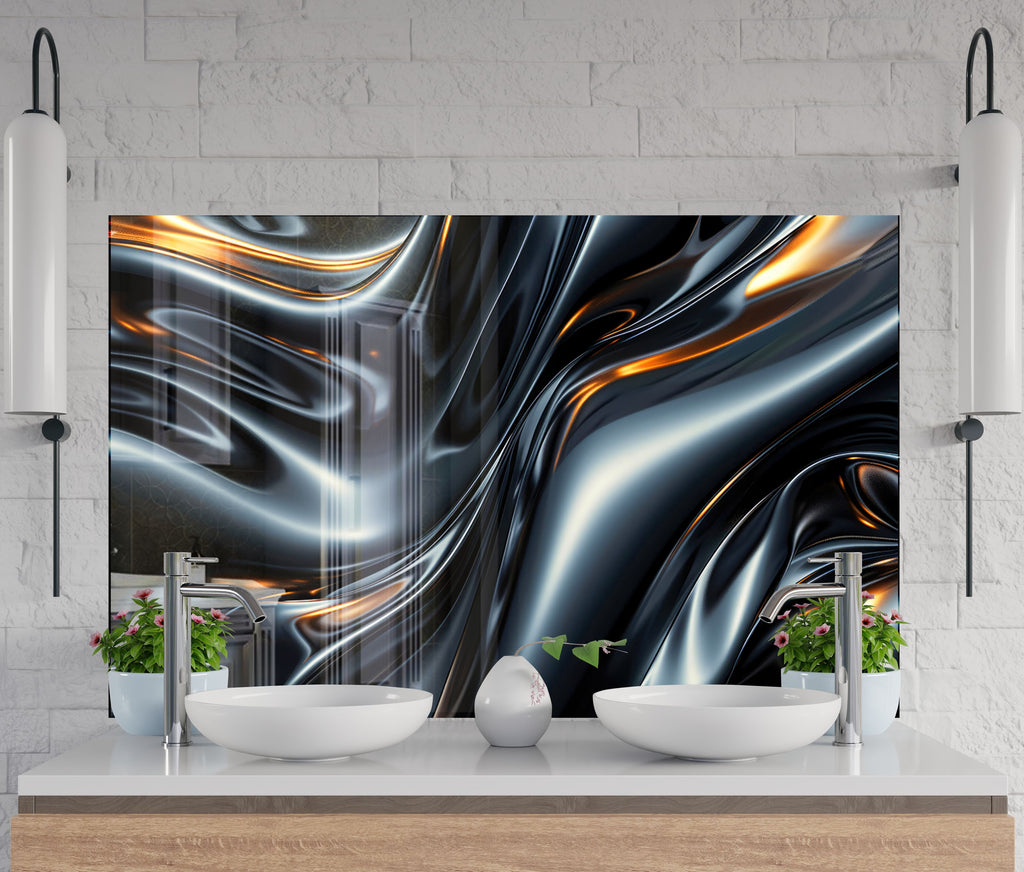 Sleek Metallic Flow - Glass Kitchen Backsplash-BacksplashArtworks