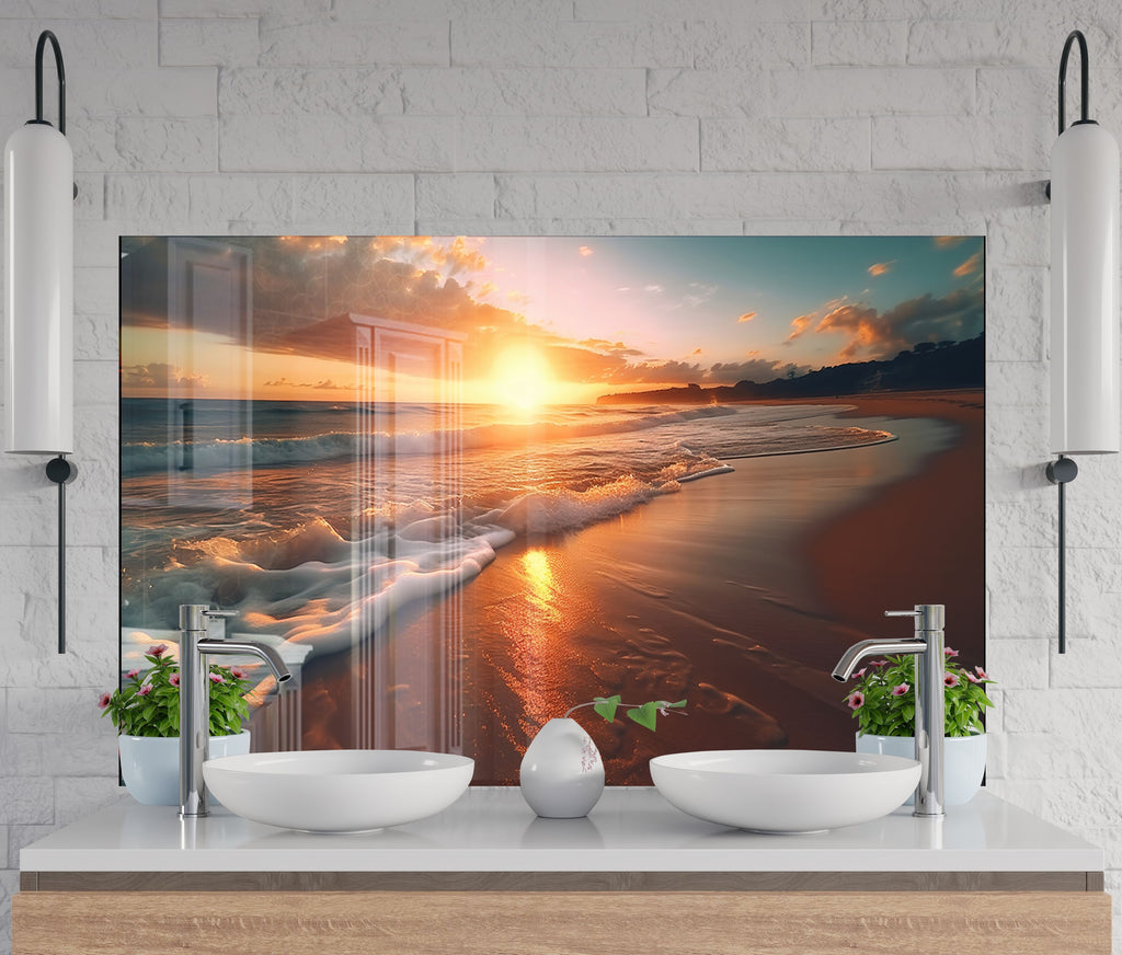 Golden Beach Sunset Wall Art – Tempered Glass Kitchen Backsplash-BacksplashArtworks