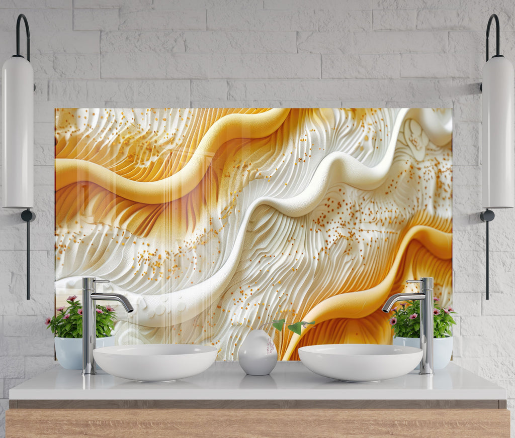Golden & White Waves – Glass Kitchen Backsplash-BacksplashArtworks