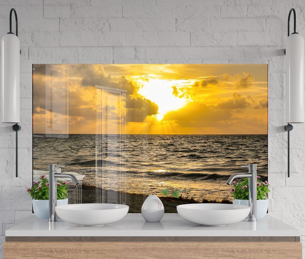 Golden Ocean Sunset Wall Art – Tempered Glass Kitchen Backsplash-BacksplashArtworks