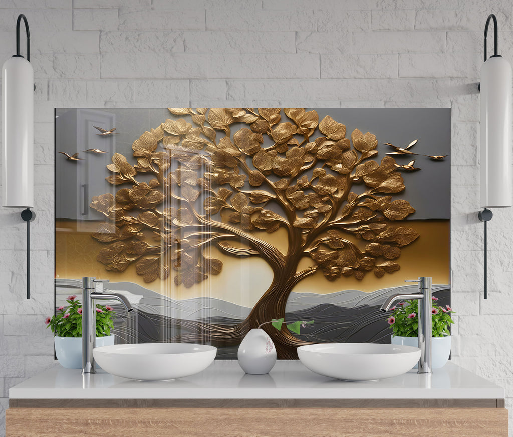 Golden Tree of Life - Glass Kitchen Backsplash-BacksplashArtworks