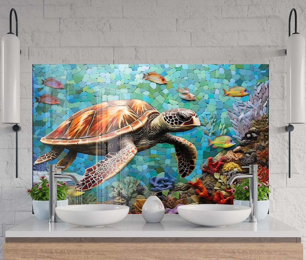Ocean Mosaic Sea Turtle – Glass Kitchen Backsplash-BacksplashArtworks