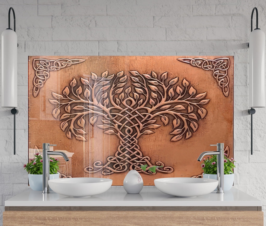 Celtic Tree of Life - Copper-Toned Glass Kitchen Backsplash-BacksplashArtworks