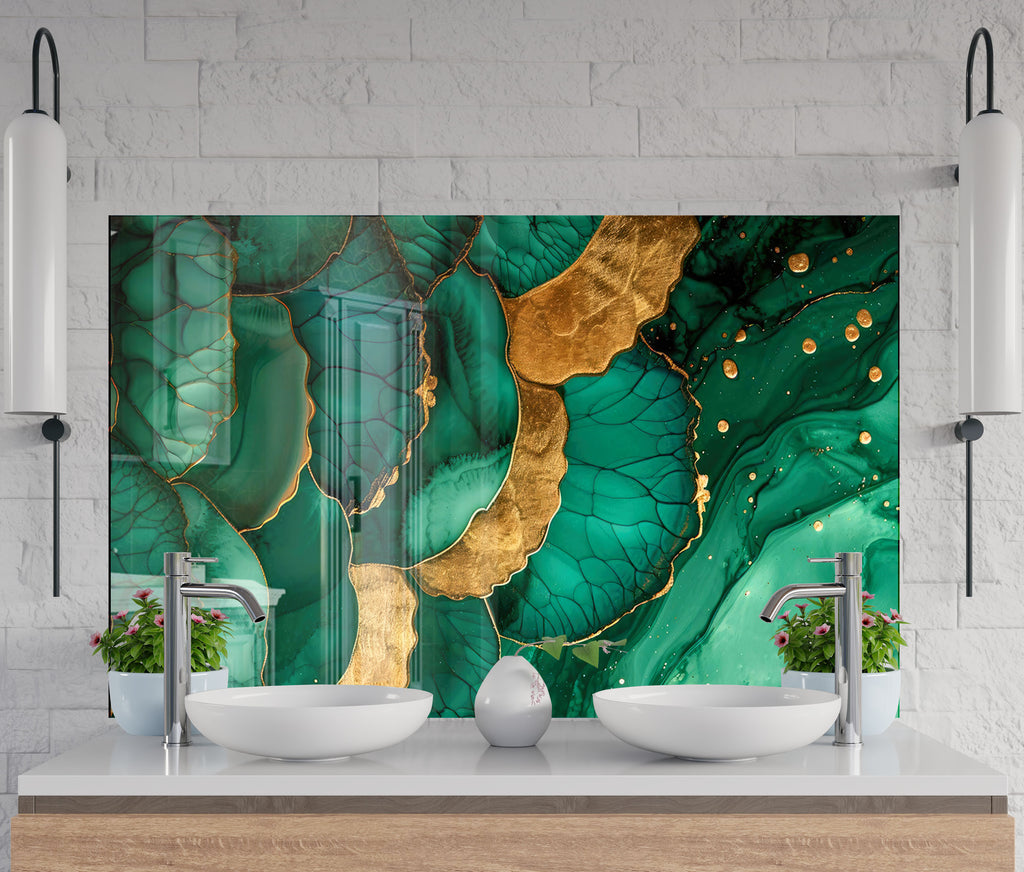 Emerald Gold Elegance - Glass Kitchen Backsplash-BacksplashArtworks