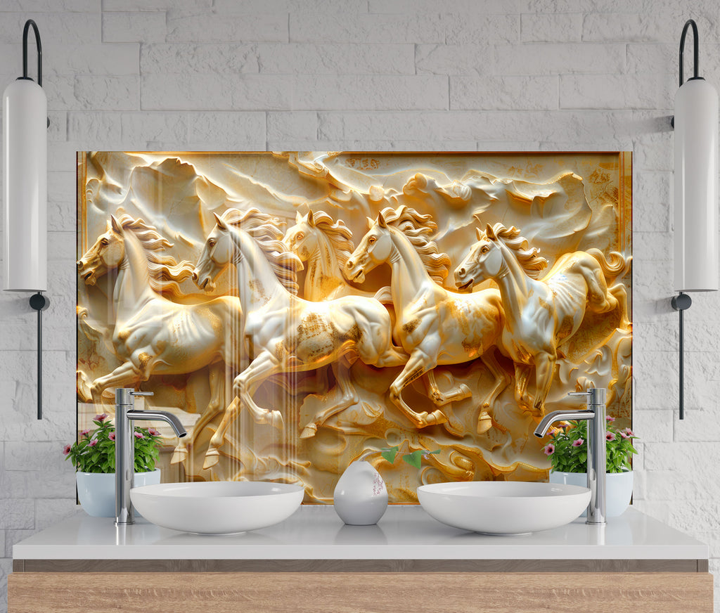 Golden Stallion Majesty - Embossed Glass Kitchen Backsplash-BacksplashArtworks