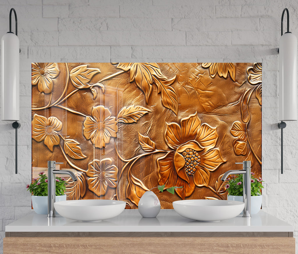 Golden Blossom Elegance - Embossed Glass Kitchen Backsplash-BacksplashArtworks