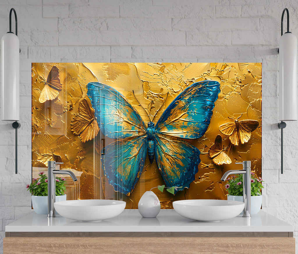 Golden Butterfly – Glass Kitchen Backsplash-BacksplashArtworks