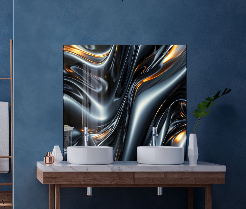Sleek Metallic Flow - Glass Kitchen Backsplash-BacksplashArtworks