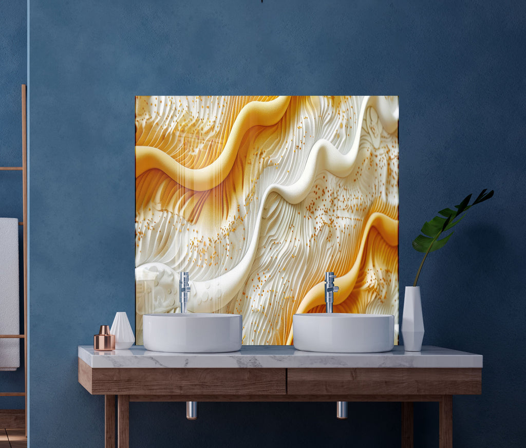 Golden & White Waves – Glass Kitchen Backsplash-BacksplashArtworks