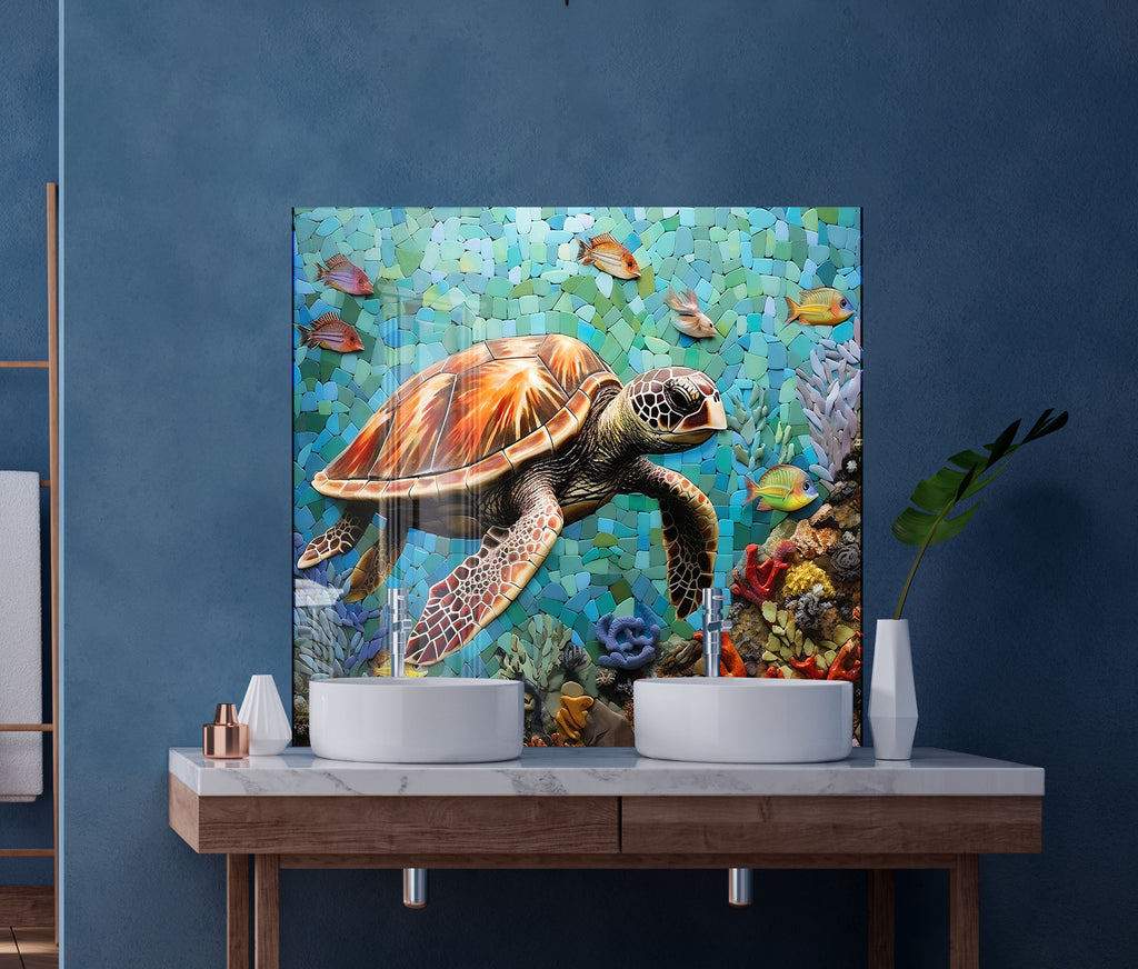 Ocean Mosaic Sea Turtle – Glass Kitchen Backsplash-BacksplashArtworks