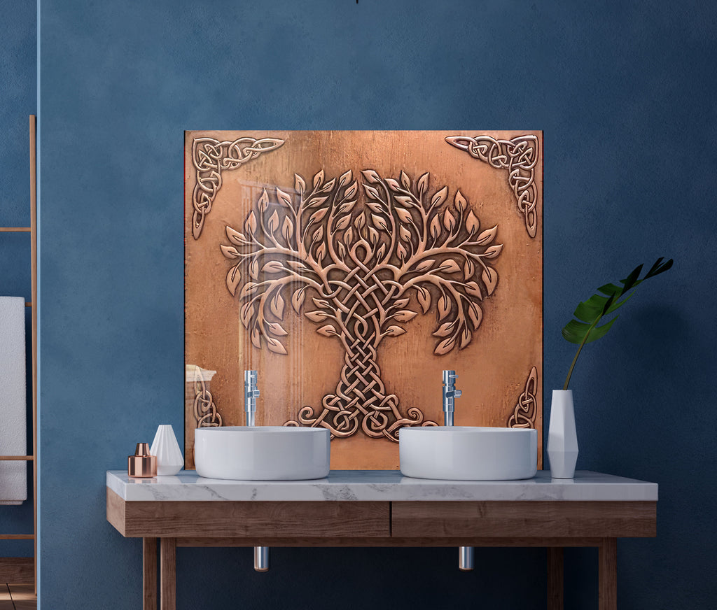 Celtic Tree of Life - Copper-Toned Glass Kitchen Backsplash-BacksplashArtworks