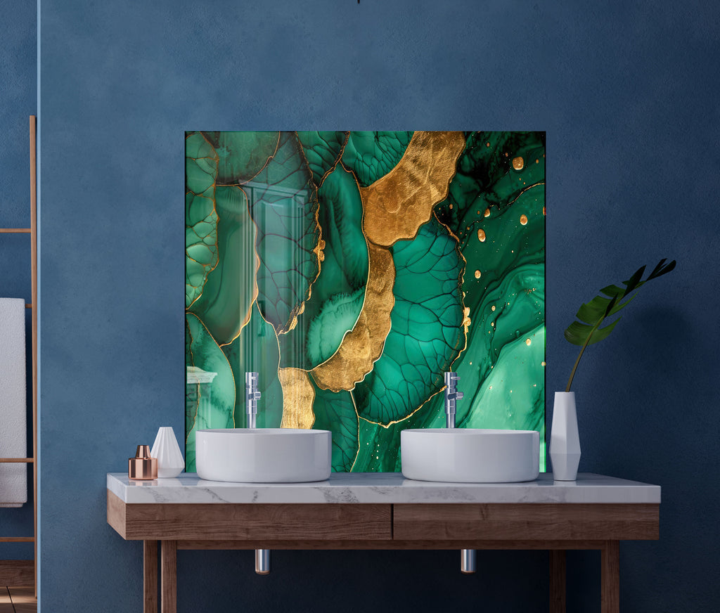 Emerald Gold Elegance - Glass Kitchen Backsplash-BacksplashArtworks
