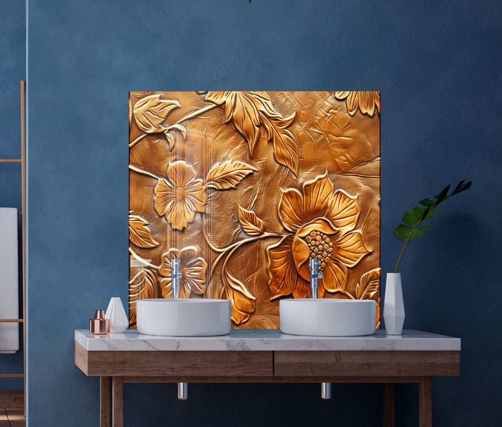 Golden Blossom Elegance - Embossed Glass Kitchen Backsplash-BacksplashArtworks