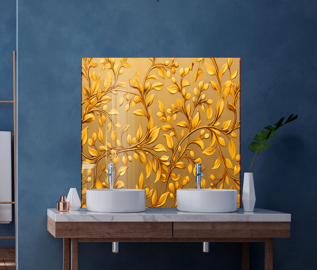 Golden Vine Elegance - Glass Kitchen Backsplash-BacksplashArtworks