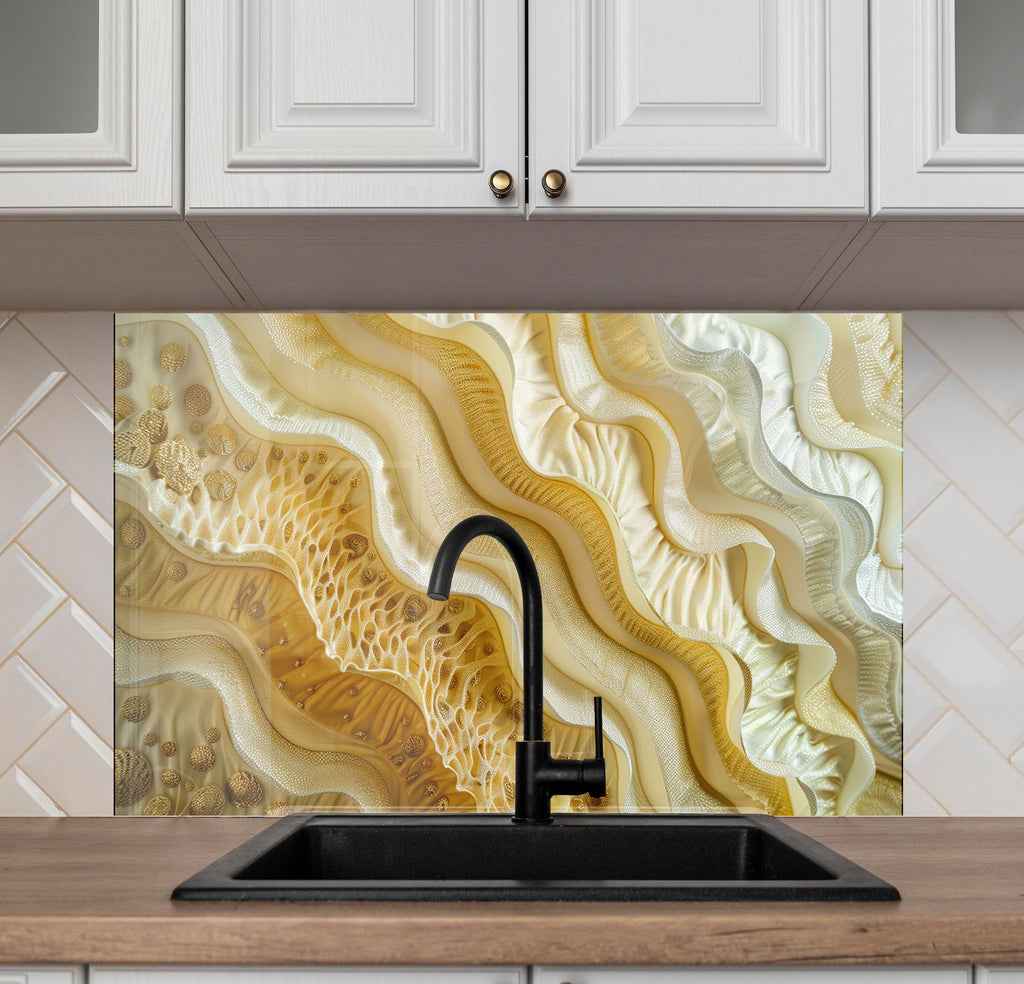 Golden Wave – Tempered Glass Kitchen Backsplash-BacksplashArtworks
