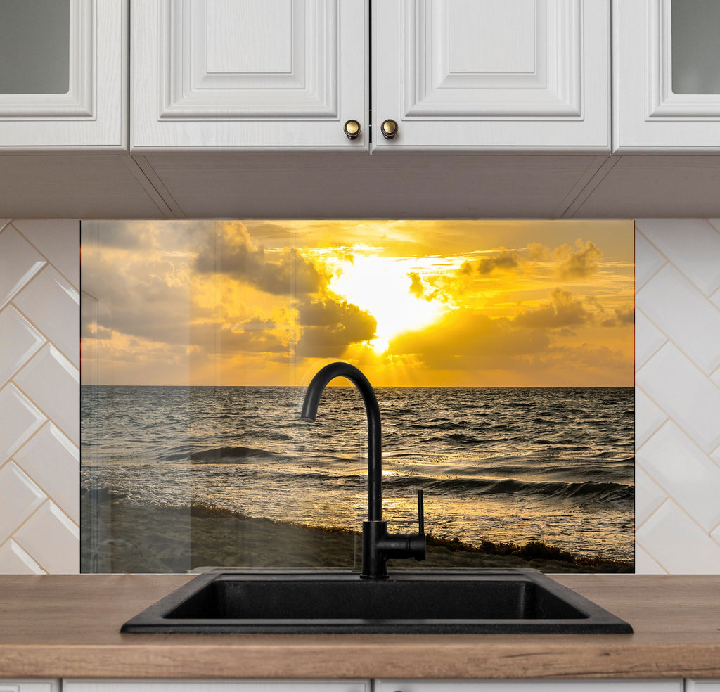 Golden Ocean Sunset Wall Art – Tempered Glass Kitchen Backsplash-BacksplashArtworks