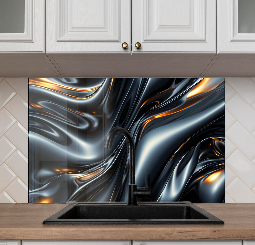 Sleek Metallic Flow - Glass Kitchen Backsplash-BacksplashArtworks