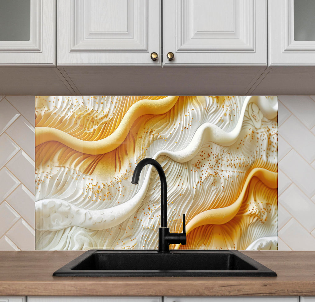 Golden & White Waves – Glass Kitchen Backsplash-BacksplashArtworks