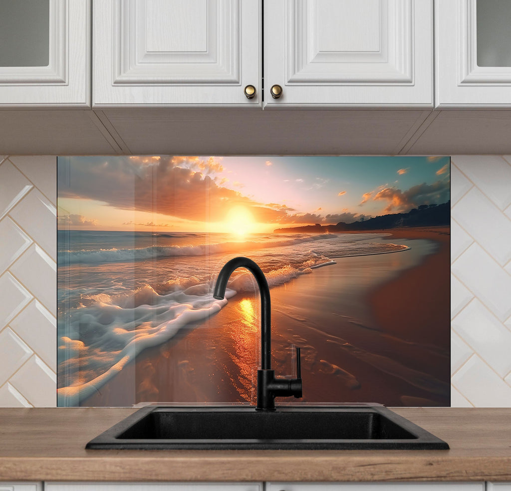 Golden Beach Sunset Wall Art – Tempered Glass Kitchen Backsplash-BacksplashArtworks