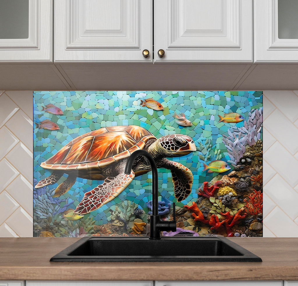 Ocean Mosaic Sea Turtle – Glass Kitchen Backsplash-BacksplashArtworks