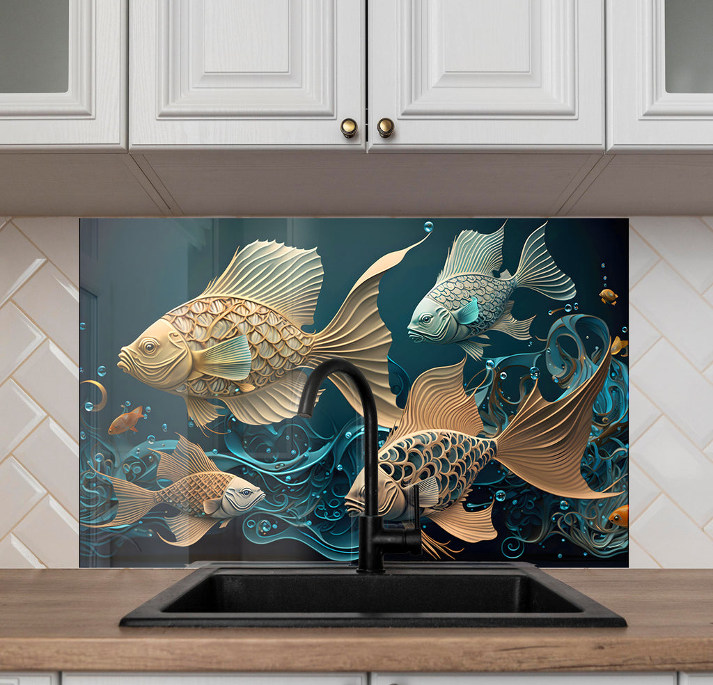 Gold & Blue Fish – Glass Kitchen Backsplash-BacksplashArtworks